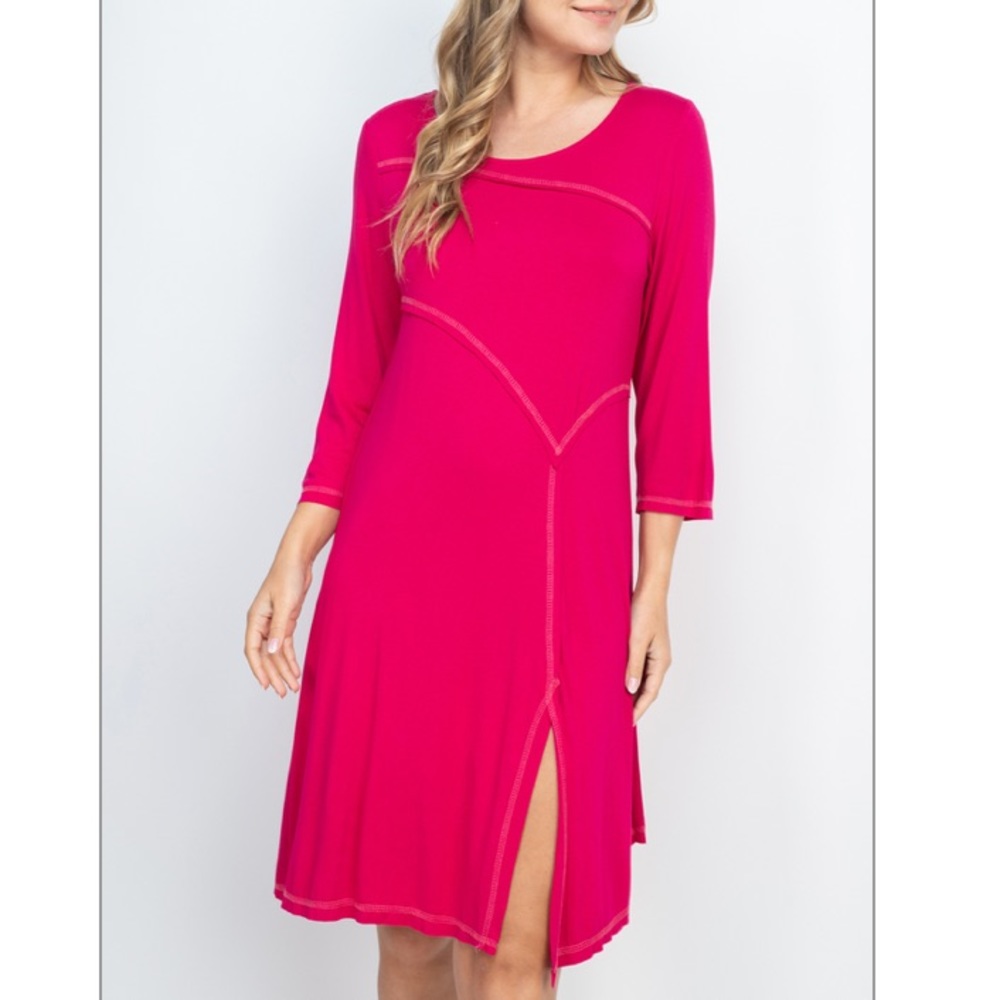 Fuchsia midi shift dress, 3/4 sleeve, NEW!